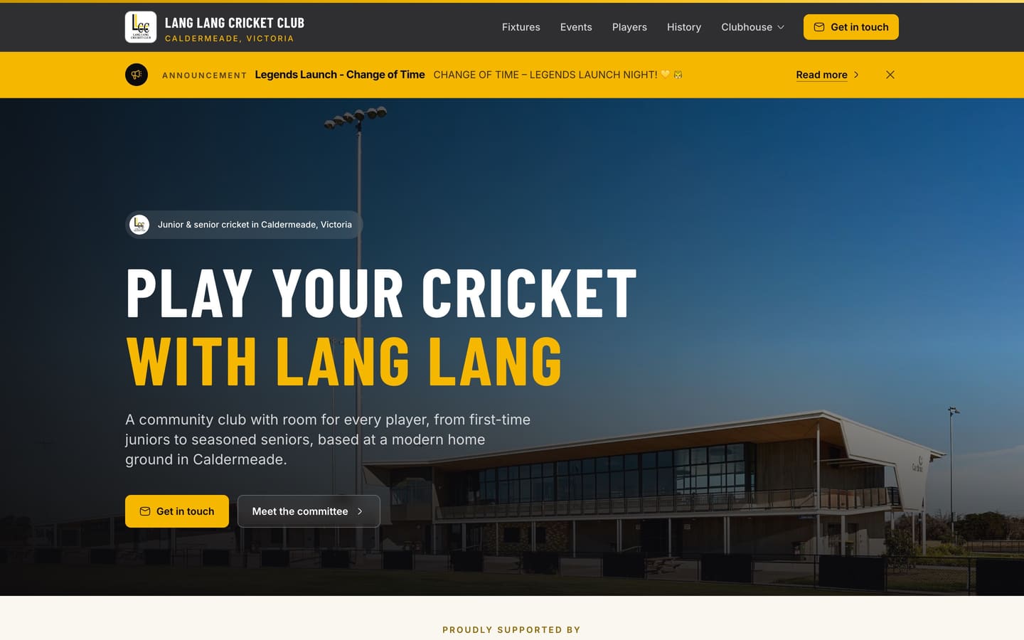 Lang Lang Cricket Club home page with an announcement bar and the club’s headline over the Caldermeade pavilion