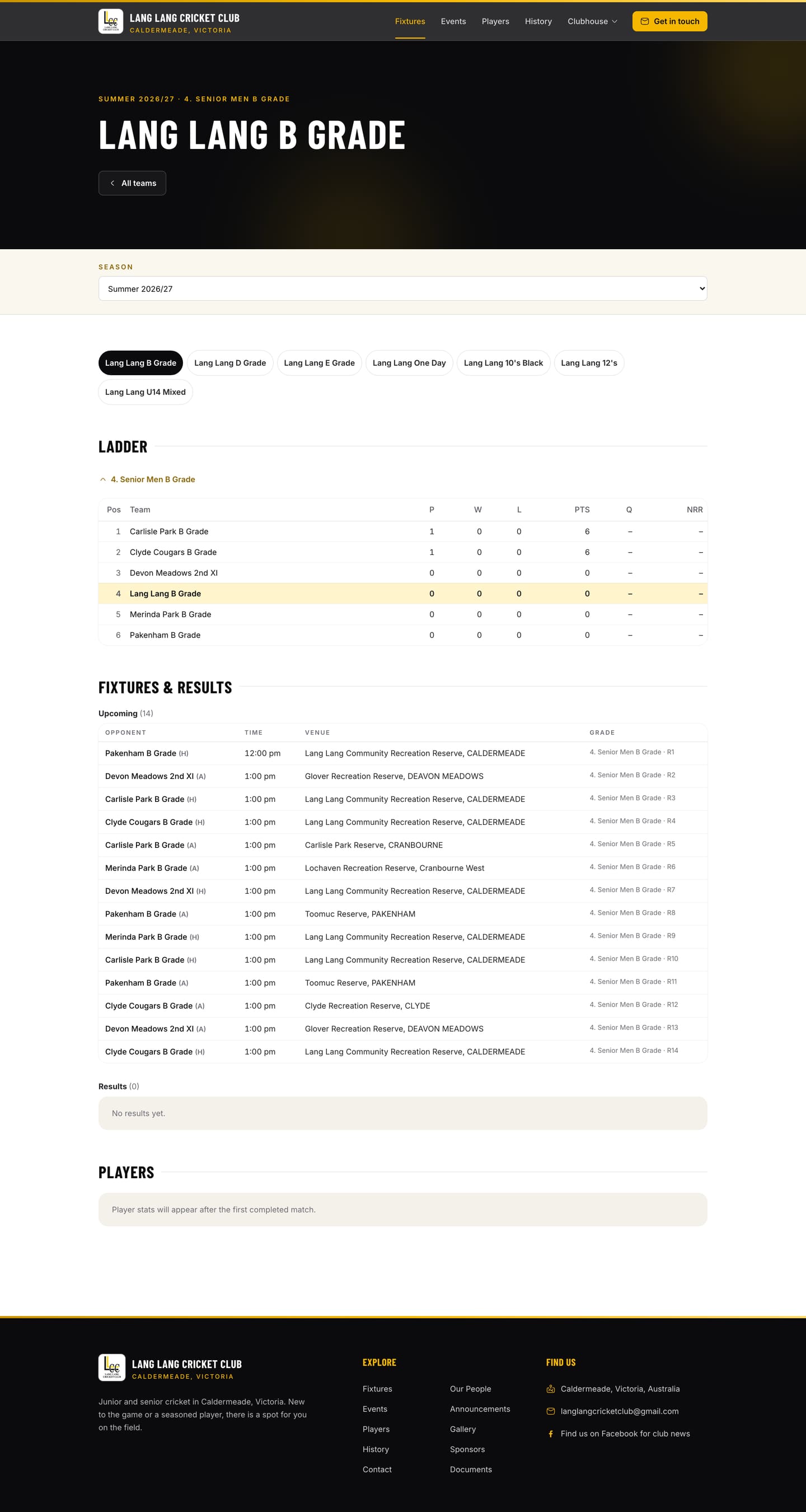 Lang Lang B Grade team page: the season’s PlayHQ ladder with every opponent club, then the side’s upcoming fixtures by opponent, time and venue